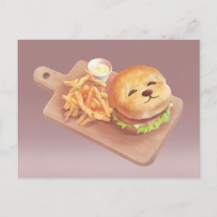 Cartão Postal De Anúncio Burger Adorável de Rosto de Cão com Fritas