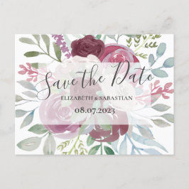 Cartão Postal De Anúncio Burgundy & Aquarela Azul Poento Save The Date 