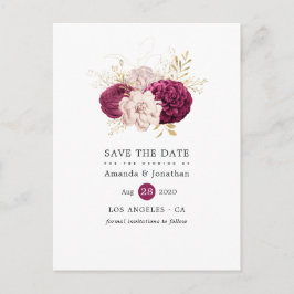 Cartão Postal De Anúncio Burgundy Blush e Dourado Casamento Floral Salvem a