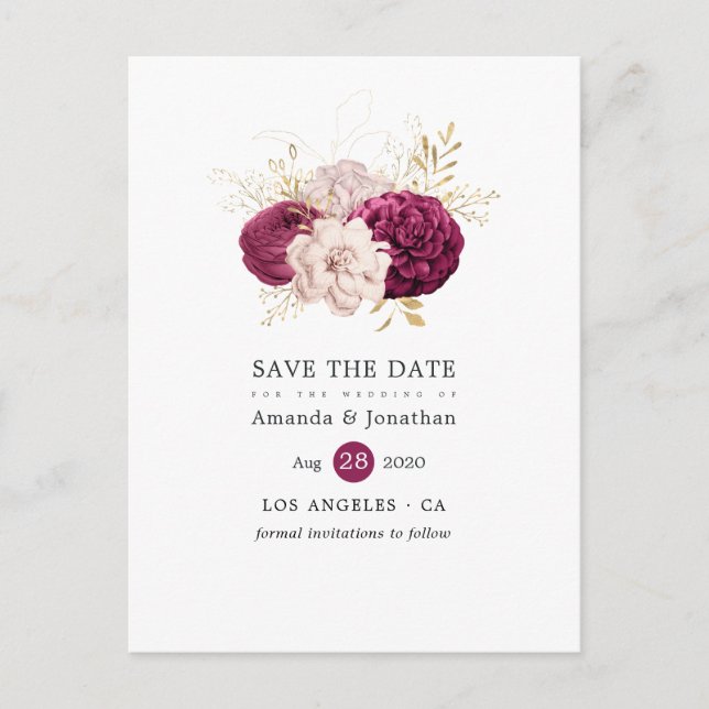 Cartão Postal De Anúncio Burgundy Blush e Dourado Casamento Floral Salvem a (Frente)