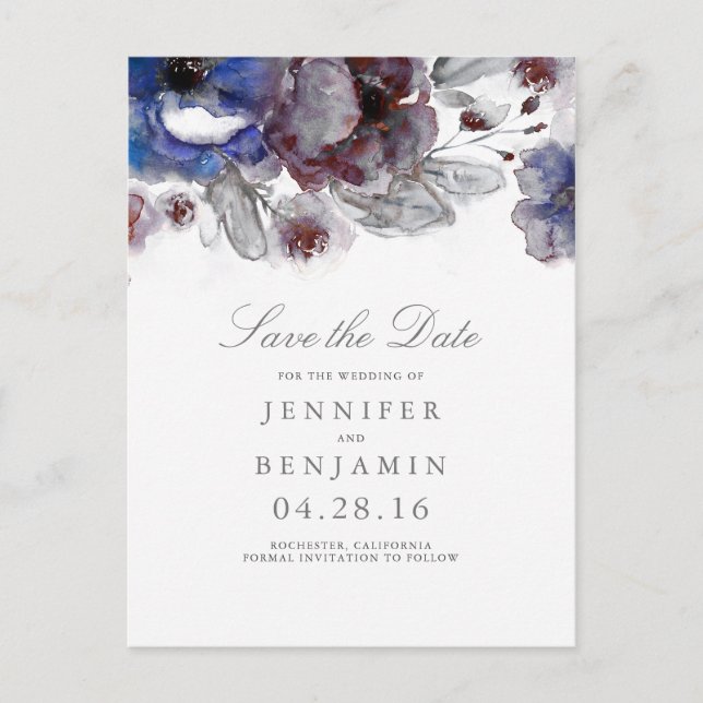 Cartão Postal De Anúncio Burgundy e Navy Floral Save the Date (Frente)
