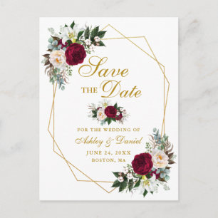 Cartão Postal De Anúncio Burgundy Floral Greenery Dourado Salvar a Data