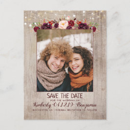Cartão Postal De Anúncio Burgundy Floral Rustic Foto Salva a Data