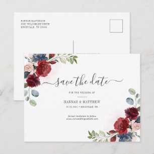 Cartão Postal De Anúncio Burgundy Floral Watercolor Blush Salva A Data