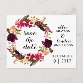 Cartão Postal De Anúncio Burgundy Floral Watercolor Salvar a Data