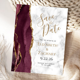 Cartão Postal De Anúncio Burgundy Gold Ágata Mármore Save the Date