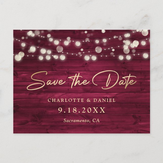 Cartão Postal De Anúncio Burgundy Gold Wood String Lights Script Wedding (Frente)