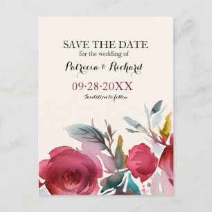 Cartão Postal De Anúncio Burgundy Marsala Boho Floral Casamento Save the Da
