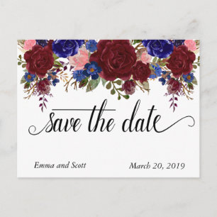 Cartão Postal De Anúncio Burgundy Navy Floral Tipografia Save The Date