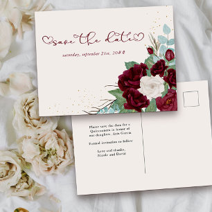 Cartão Postal De Anúncio Burgundy Red e Ivory Rosa Floral Salvar a Data