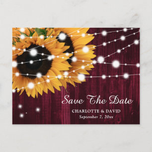 Cartão Postal De Anúncio Burgundy Sunflower Weding Date Postcard