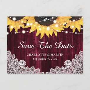 Cartão Postal De Anúncio Burgundy Sunflower Weding Date Postcard