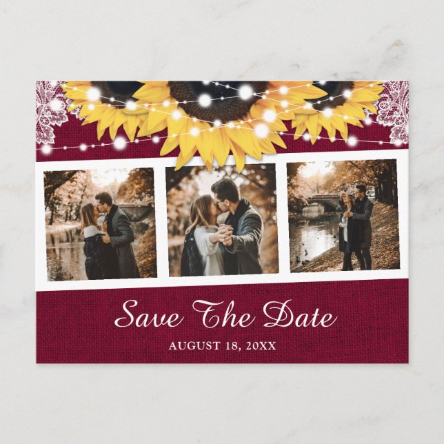 Cartão Postal De Anúncio Burgundy Sunflower Weding Photo Save The Date (Fot (Frente)
