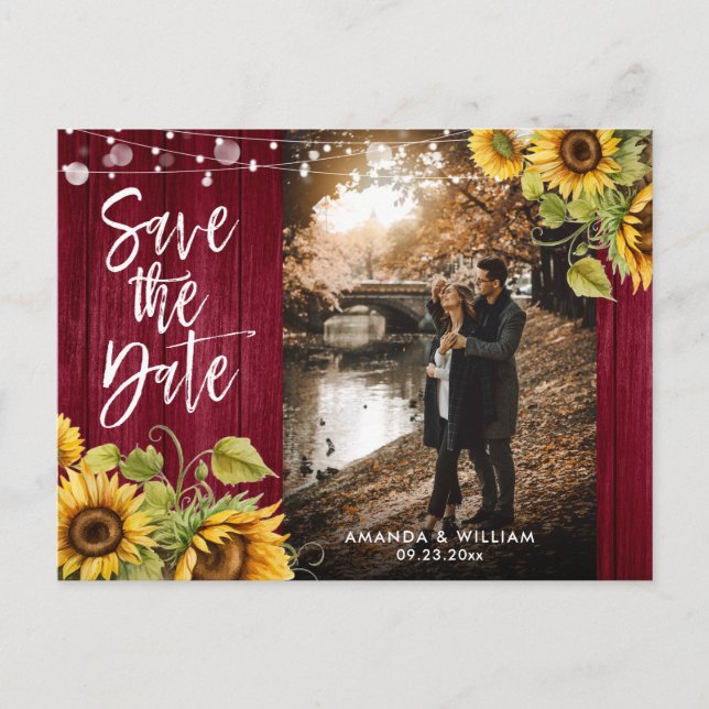 Cartão Postal De Anúncio Burgundy Sunflower Weding Photo Save The Date (Fot (Frente)