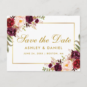 Cartão Postal De Anúncio Burgundy Watercolor Floral Dourado Salvar a Data