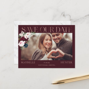 Cartão Postal De Anúncio Burgundy Watercolor Rosa Dourado Salvar nossa Foto