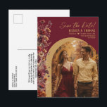 Cartão Postal De Anúncio Burgundy Wildflowers Photo Wedding Save the Date<br><div class="desc">Give your loved ones advance notice of your upcoming wedding with this beautiful save the date postcard! The rustic burgundy and gold colored boho chic design features your photo in an arch shaped frame with a spray of delicate wildflowers along one side in autumn shades of burgundy, sienna, and marigold....</div>