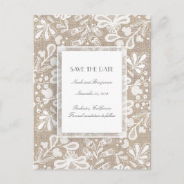 Cartão Postal De Anúncio Burlap and Lace Elegant Salve a Data