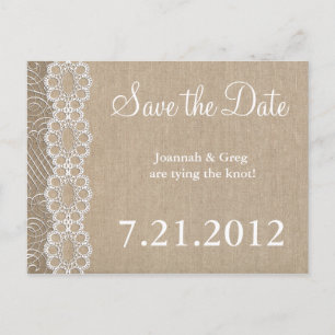 Cartão Postal De Anúncio Burlap e Lace Rustic Guardem a Data