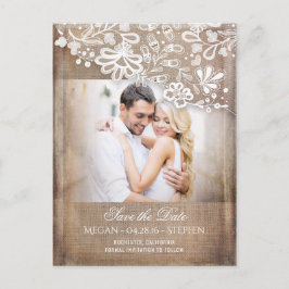 Cartão Postal De Anúncio Burlap e Lace Rustic Photo Save The Date (Burlap e