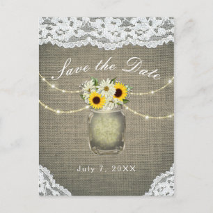 Cartão Postal De Anúncio Burlap Lace Sunflower Daisies Mason Salva a Data