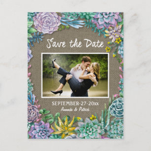 Cartão Postal De Anúncio Burlap Weding Succult Save The Date Cards