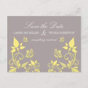 Cartão Postal De Anúncio Butterfly Floral Save the Date Postcard, amarelo