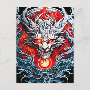 Cartão Postal De Anúncio Cabeça de Dragão Mítico com Chama Vermelha de Fogo