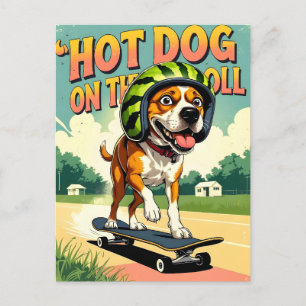 Cartão Postal De Anúncio Cachorro de Skate Verão Divertido Retro Praia