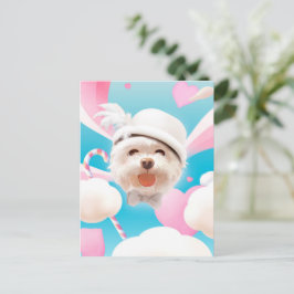 Cartão Postal De Anúncio Cachorro Fofinho com Chapéu Branco