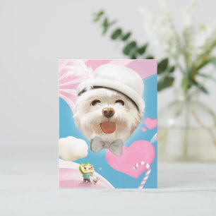 Cartão Postal De Anúncio Cachorro Fofinho com Chapéu Branco