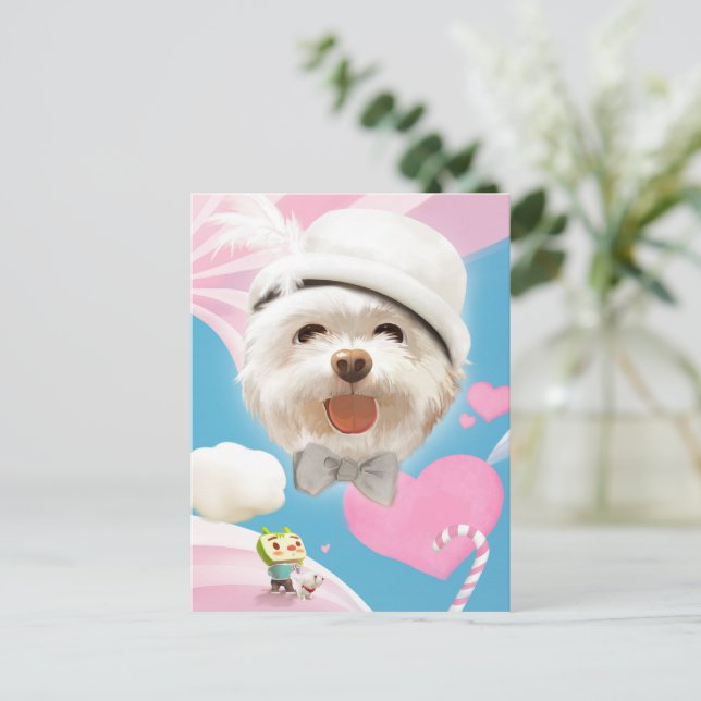 Cartão Postal De Anúncio Cachorro Fofinho com Chapéu Branco (Em pé/Frente)
