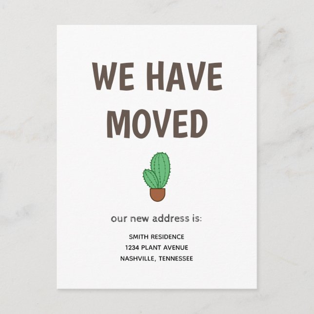 Cartão Postal De Anúncio Cacto em um Vaso Nós nos Mudamos (Frente)