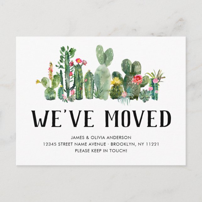 Cartão Postal De Anúncio Cactus Watercolor Movemos Boho New Home Moving (Frente)