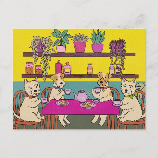 Cartão Postal De Anúncio Cães tomando chá da tarde (Frente)