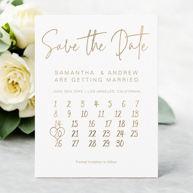 Cartão Postal De Anúncio Calendário branco ouro simples salvar a data (Simple gold white calendar save the date announcement postcard)