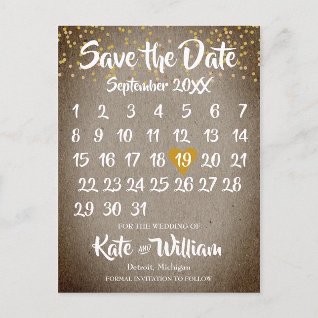 Cartão Postal De Anúncio Calendário Cardíaco de Amor Dourado Rustic Boho Sa (Frente)