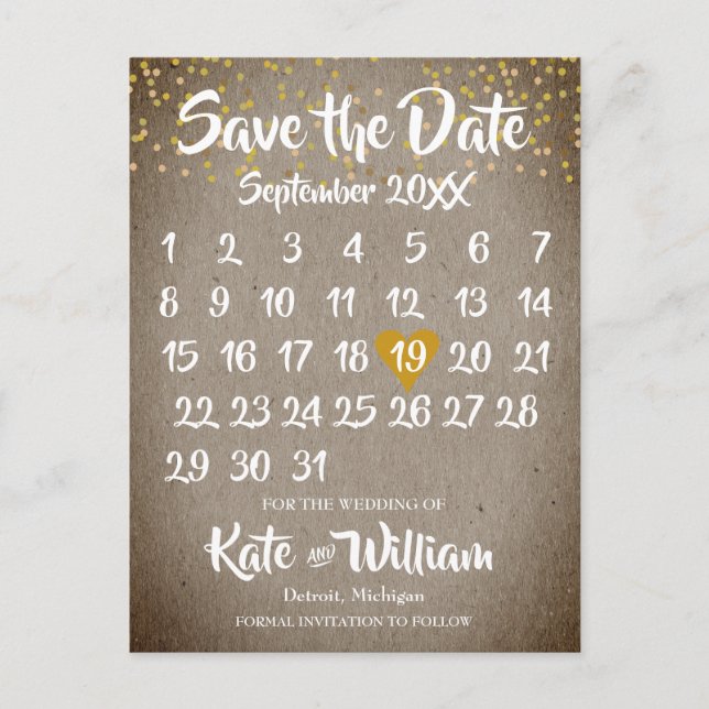 Cartão Postal De Anúncio Calendário Cardíaco de Amor Dourado Rustic Boho Sa (Frente)