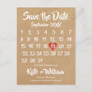 Cartão Postal De Anúncio Calendário Coração de Amor Rustic Kraft Salve a Da