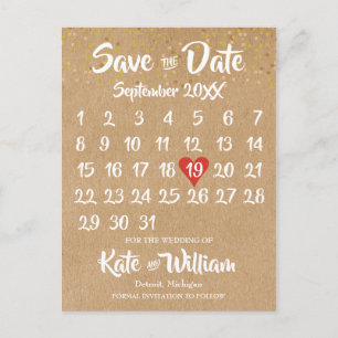 Cartão Postal De Anúncio Calendário Coração Vermelho Rustic Kraft Salve a D