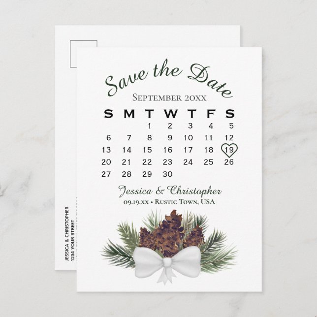 Cartão Postal De Anúncio Calendário de Casamento com Buquê de Pinecone - Sa (Frente/Verso)
