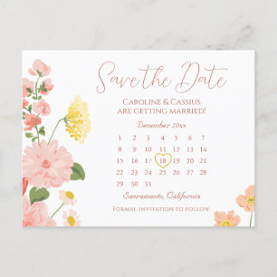 Cartão Postal De Anúncio Calendário de Casamento de Flor Selvagem Elegante
