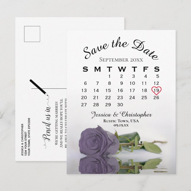 Cartão Postal De Anúncio Calendário de Casamento de Rosa Dusty Roxo Salvar  (Frente/Verso)