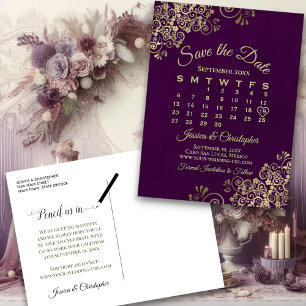 Cartão Postal De Anúncio Calendário de Casamento Elegante Ameixa e Dourado 