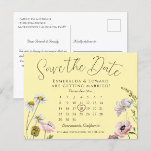 Cartão Postal De Anúncio Calendário de Casamento Floral Amarelo Chic Salvar