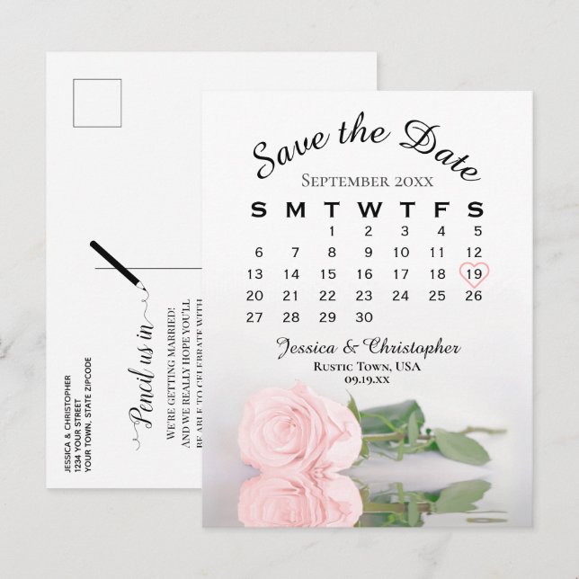 Cartão Postal De Anúncio Calendário de Casamento Rosa Rosa Elegante Salvar  (Frente/Verso)