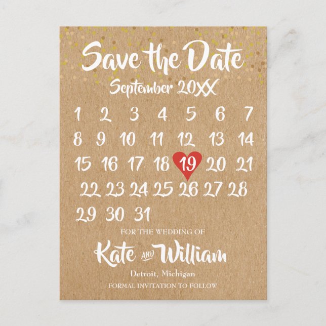 Cartão Postal De Anúncio Calendário de Coração de Amor Rustic Kraft Salve a (Frente)
