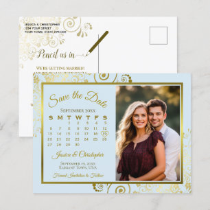 Cartão Postal De Anúncio Calendário de Data de Salvamento de Casamento Azul