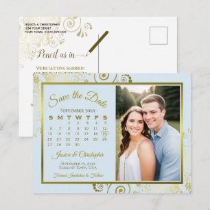 Cartão Postal De Anúncio Calendário de Data de Salvamento de Casamento Azul