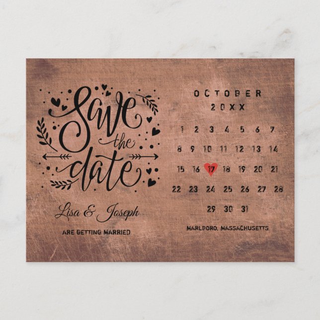 Cartão Postal De Anúncio Calendário de Data de Salvamento em Madeira Rústic (Frente)